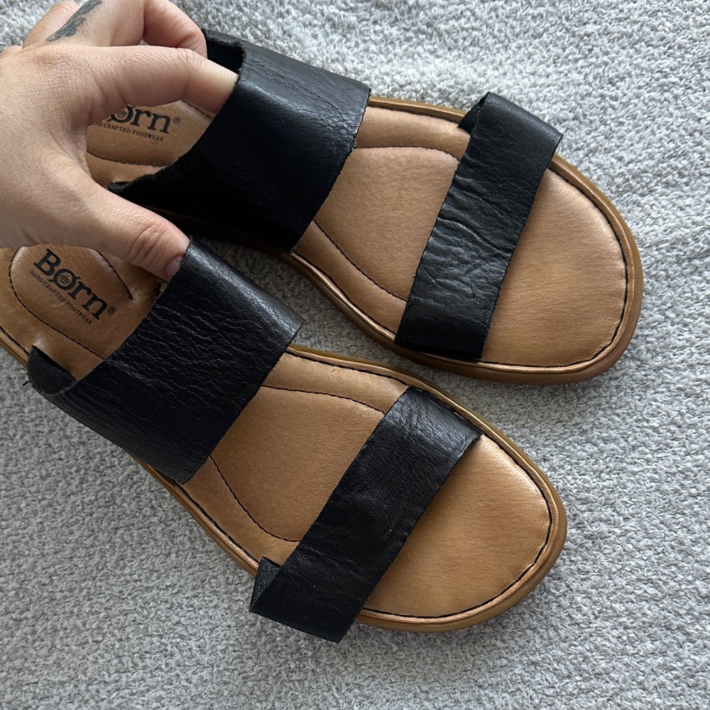 Born Black Leather Double-Strap Slide Sandals - Women 9 - Picture 2 of 8